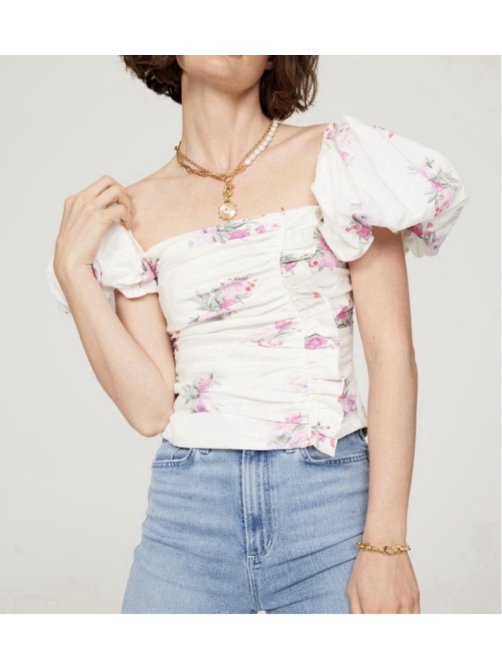 LoveShackFancy Dalima Top 2 Spanish Lavender Puff Sleeve Square Neck Zip Ruffles
